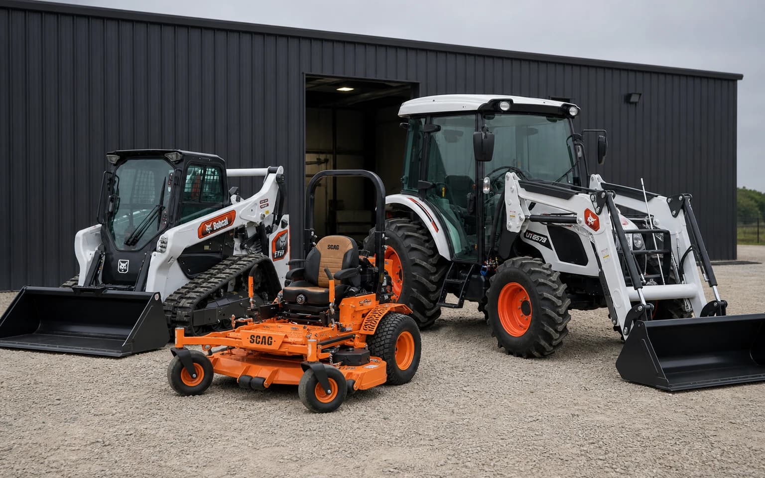 Bobcat compact track loader, Bobcat UT6573 utility tractor with front-end loader, and Scag Turf Tiger II zero-turn mower displayed outside a dark equipment shop